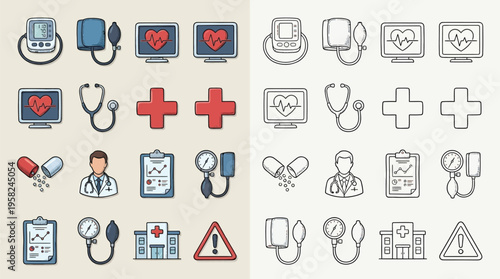 Collection of colorful and outline medical icons representing healthcare, doctors, and hospital equipment, presented in a grid format.