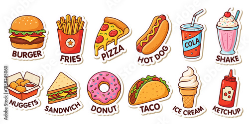 Fast food cartoon  illustrations set. Cute vector clipart of Burger, Pizza, Fries, Soda and other. Cartoon food icons collection
