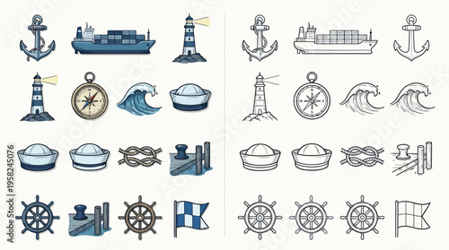 Collection of nautical and maritime icons, featuring anchors, ships, lighthouses, compasses, waves, sailor hats, knots, cleats, ship wheels, and flags, presented in both color and outline styles.