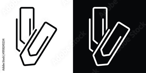 Vector line icon of two overlapping paperclips. Minimalist office supplies symbol in black and white versions. Professional attachment, document organization, and stationery tool graphic.