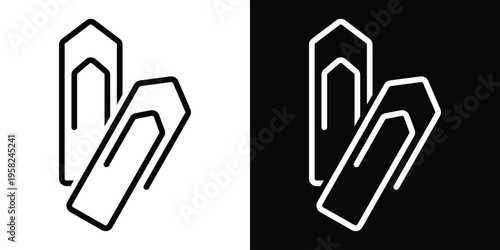 Vector line icon of two overlapping paperclips. Minimalist office supplies symbol in black and white versions. Professional attachment, document organization, and stationery tool graphic.