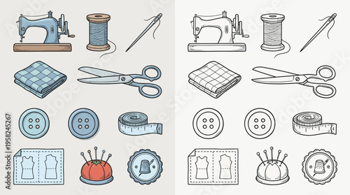 A collection of sewing and tailoring tools and materials, presented in both color and monochrome versions.