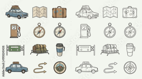 A collection of colorful and outline illustrations of travel-related items, including cars, maps, luggage, and navigation tools.