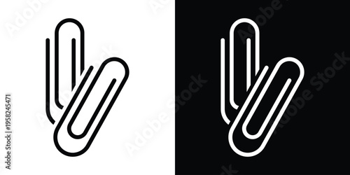 Vector line icon of two overlapping paperclips. Minimalist office supplies symbol in black and white versions. Professional attachment, document organization, and stationery tool graphic.
