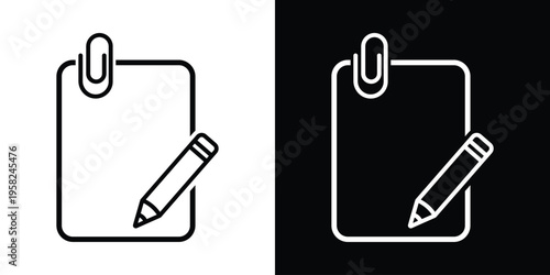 Line icon of a paper sheet with a paperclip and pencil. Minimalist stationery symbol for note-taking, document editing, and office tasks. Clean vector graphic for business and education.