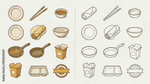 Collection of isometric food and restaurant icons, including dishes, utensils, and packaging, presented in two distinct styles.