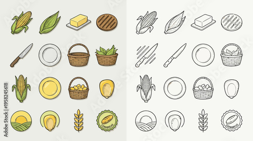 Collection of colorful and monochrome icons representing various food items and agricultural elements, including corn, butter, bread, and wheat.