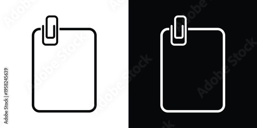 Line icon of a paper sheet with a paperclip and pencil. Minimalist stationery symbol for note-taking, document editing, and office tasks. Clean vector graphic for business and education.