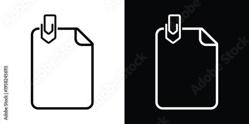 Line icon of a paper sheet with a paperclip and pencil. Minimalist stationery symbol for note-taking, document editing, and office tasks. Clean vector graphic for business and education.