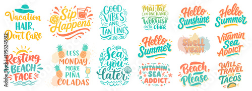 Resting Beach Face Vacation Hair Dont Care Sip Happens Sea You Later Good Vibes Hello Summer hand lettered typography quotes collection set.