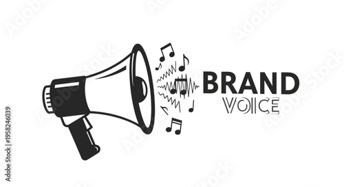 Megaphone with music notes and brand voice.