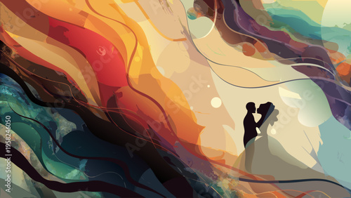 A silhouette of a couple kissing in an abstract background