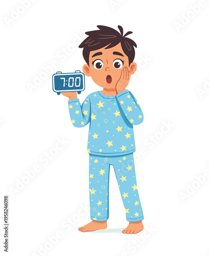 Boy brushing teeth in morning routine. Child brushing teeth, hygiene and healthy habits concept, morning routine cartoon vector illustration.