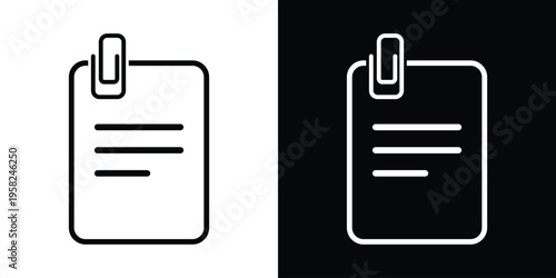 Vector icon of a lined document with a paperclip and pencil. Professional symbol for writing reports, task lists, and office organization. Available in high-contrast black and white versions.