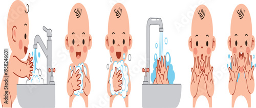 Baby Hand Washing Step by Step Vector Illustration with Soap Foam Rinsing and Clean Hands Hygiene Routine for Infant Care Design.