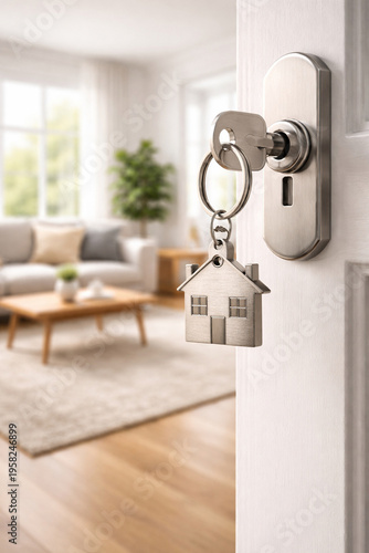 Key in Door Lock Opening Modern Living Room Real Estate Home Ownership Concept