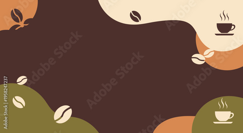 Abstract Coffee Beans and Cups Background with Swirls and Steam