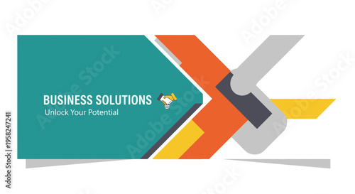 Abstract business solutions graphic with handshake icon, teal, orange, yellow, and grey.
