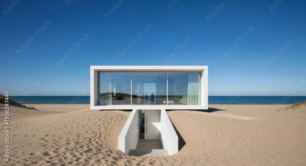 Fototapeta premium Modern White Beach House with Glass Facade and Subterranean Entrance on Sandy Shore