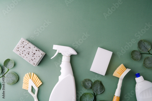 Fotografie Green background with cleaning supplies and leaves