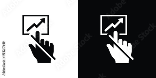 Icon showing a hand touching an upward-pointing arrow on a screen. Symbol for business growth, analytics tracking, and financial success. Modern interface graphic for profit and progress.