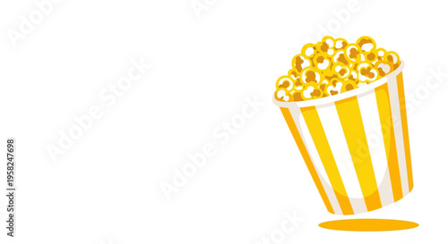 Bright Yellow Striped Popcorn Bucket Full of Popcorn Isolated on White