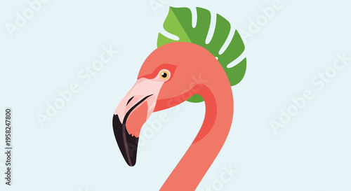 Close-up of a pink flamingo head with a green tropical leaf behind it, minimalist illustration
