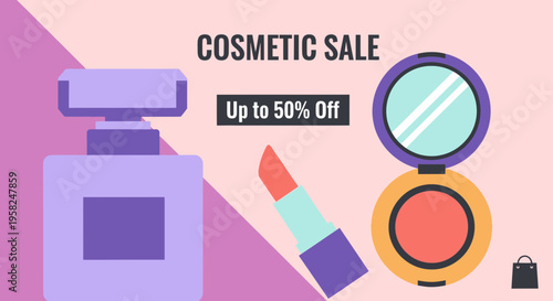 Cosmetic Sale Banner: Perfume Bottle, Lipstick, Compact Mirror, 50% Off Discount