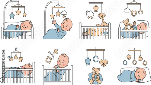 Baby Sleeping in Crib Vector Set with Infant Bedtime Scenes Hanging Mobile Toys Teddy Bear and Nursery Sleep Routine Illustration.