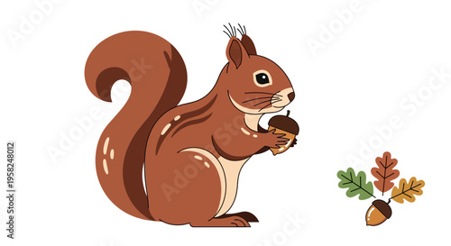 Cute cartoon squirrel holding an acorn with autumn leaves and acorns nearby