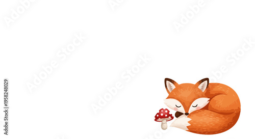 Cute Fox Sleeping Beside Red Mushroom on White Background