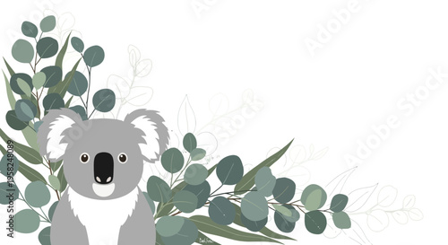 Cute Koala Bear Surrounded by Eucalyptus Leaves - Vector Illustration