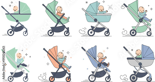 Baby Stroller Walking Scenes Vector Set with Infant Riding Pram Outdoor Movement and Different Pushchair Positions for Childcare Design.