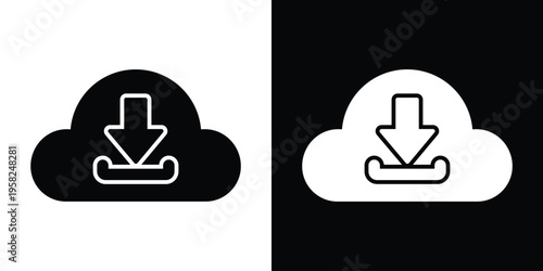 A minimalist cloud icon featuring a downward arrow inside a circle. Ideal for representing data downloading, cloud synchronization, file saving, and digital information retrieval symbols.