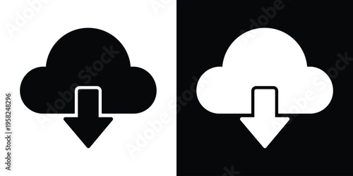 A minimalist cloud icon featuring a downward arrow inside a circle. Ideal for representing data downloading, cloud synchronization, file saving, and digital information retrieval symbols.
