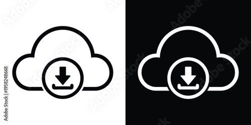 A minimalist cloud icon featuring a downward arrow inside a circle. Ideal for representing data downloading, cloud synchronization, file saving, and digital information retrieval symbols.
