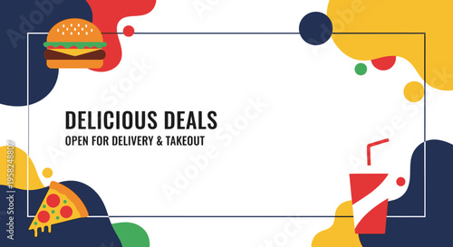 Fast Food Delivery & Takeout - Delicious Deals Banner with Burger, Pizza, and Drink