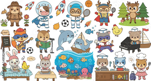 Animal Character Adventure Vector Set with Various Activities including Space, Music, Sports, Cooking, and Underwater Fun for Kids Design