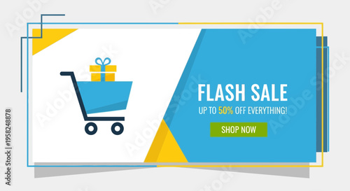 Flash Sale Banner with Shopping Cart and Gift Box - Online Shopping Promotion