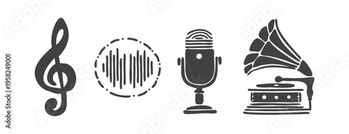 Music set in grunge linocut style. Vector illustration with naive doodle elements. Isolated gramophone, microphone, treble clef and sound wave for retro jazz design and podcast art