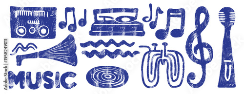 Music collection in grunge minimal style. Artistic crayon and ink texture with linocut effect. Naive woodcut musical instruments, gramophone and notes for retro jazz posters and vinyl decor