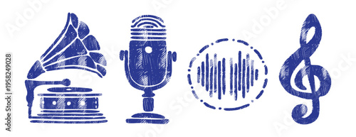 Grunge music icons: gramophone, microphone, sound wave, treble clef. Crayon linocut sketch style, vintage hand drawn illustration set isolated on white.