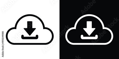 A minimalist cloud icon featuring a downward arrow inside a circle. Ideal for representing data downloading, cloud synchronization, file saving, and digital information retrieval symbols.
