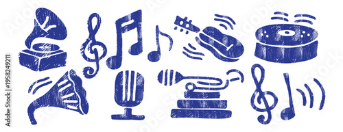 Music set with notes and gramophone. Artistic grunge texture made with crayon, ink and linocut. Naive hand-drawn musical instruments and melody symbols for retro jazz posters and vinyl decor