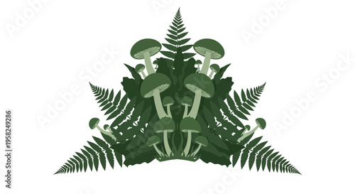 Green Mushrooms and Ferns Mandala Illustration