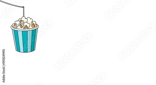 Hand-drawn popcorn bucket hanging on a string, isolated on white background