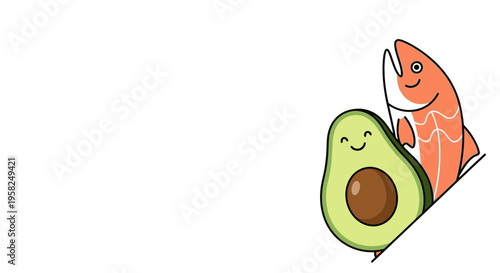 Happy Avocado and Salmon Fish Cartoon Characters, Healthy Food Concept