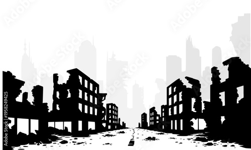 Grunge silhouette of a war-torn city street flanked by crumbling ruins and rubble, depicting post-apocalyptic urban destruction, disaster aftermath
