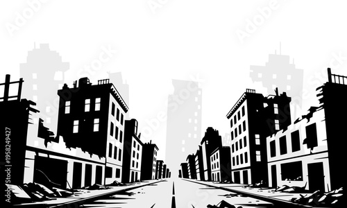 Black and white grunge silhouette of a destroyed city street with ruined buildings in perspective view, representing post-apocalyptic urban decay, war destruction, and abandoned ghost town concept