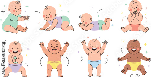Happy Baby Activities Vector Set with Crawling Playing Clapping and Laughing Infants Showing Joyful Emotions for Child Development Illustration.